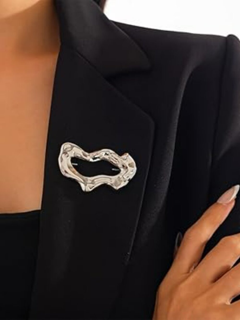 New Chunky Silver Statement Simple Hollow Brooch Unique Hammered Irregular